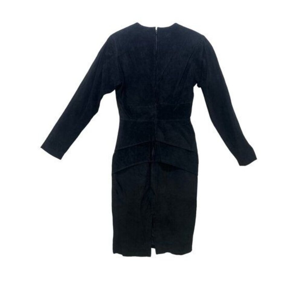 Wimsigoth 100% Suede Leather Dress Womens 6 Black Vintage Midi Ruffle Long Sleev - Picture 2 of 16